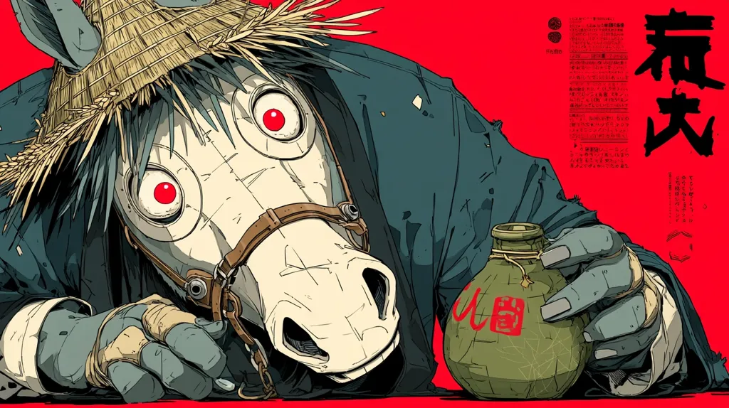 A stylized illustration features a horse-headed figure, wearing a straw hat and tattered clothing.  Its large, red eyes are striking against the pale mask.  The figure's hand grasps a small, green bottle with Asian script.  The backdrop is a vibrant red with additional Japanese text. The overall style is reminiscent of graphic novels or anime, with bold lines and a stark color palette.