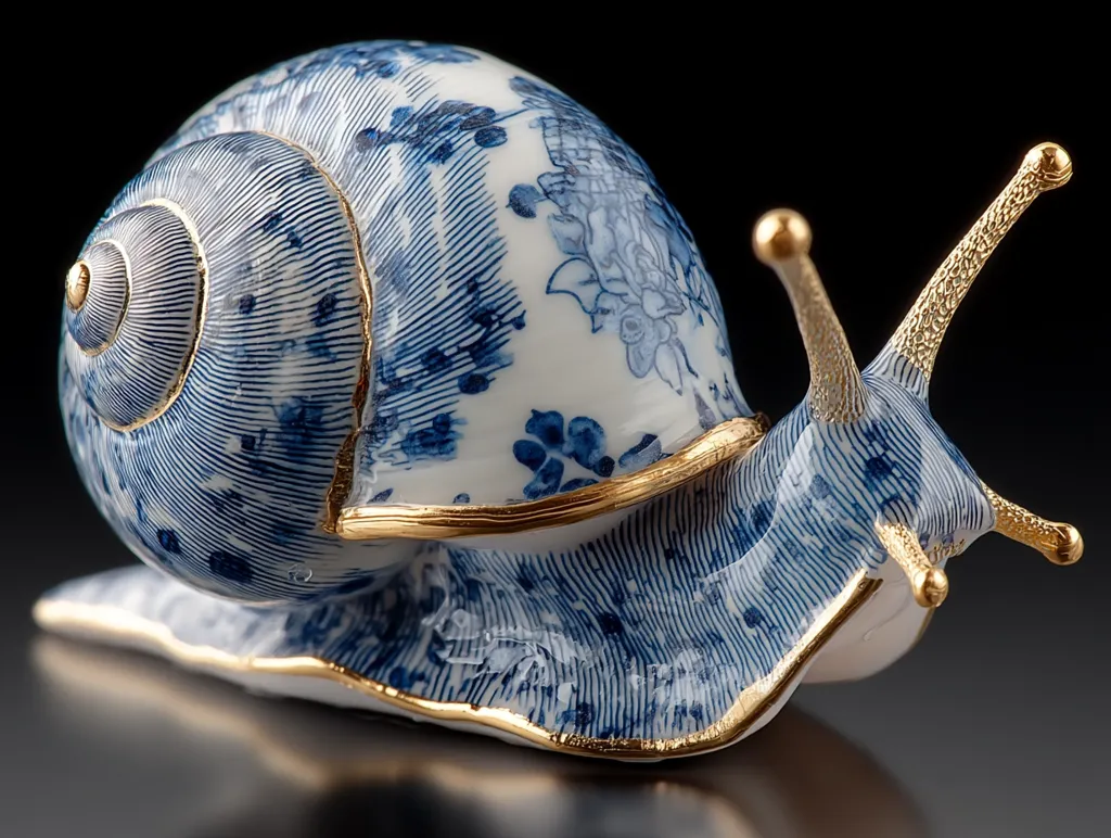 A porcelain snail figurine is meticulously crafted with a shell adorned in a classic blue and white design, reminiscent of Chinese porcelain.  Gold accents highlight the shell's spiral and the snail's antennae, adding a touch of elegance. The detailed artistry showcases the snail's textured body and shell, creating a captivating miniature sculpture.