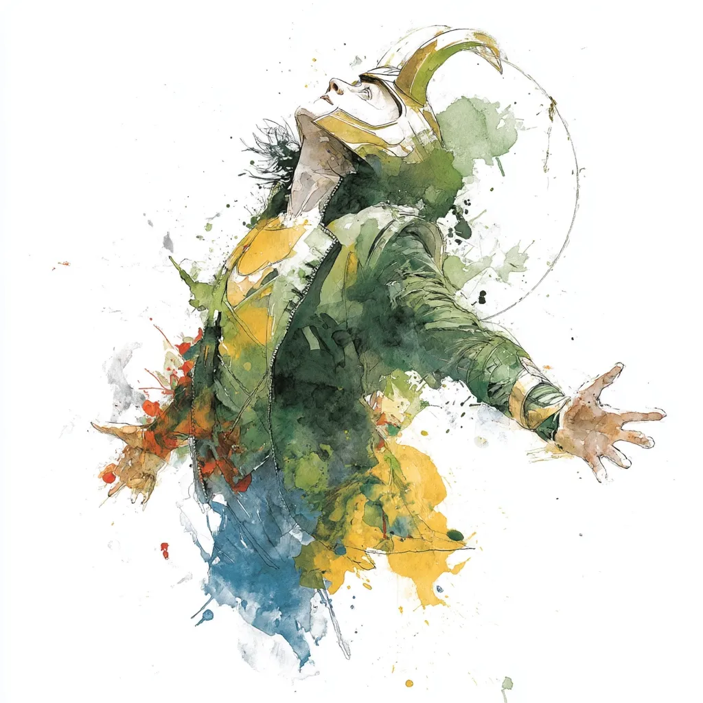 A watercolor painting of Loki, the Marvel Comics villain, depicted in a dynamic pose.  His arms are outstretched, head tilted back, and his signature green jacket and horned helmet are visible. The style is expressive, with loose brushstrokes and splashes of color creating a sense of movement and freedom.  The background is mostly white, allowing the figure to stand out.  The overall effect is both powerful and ethereal.