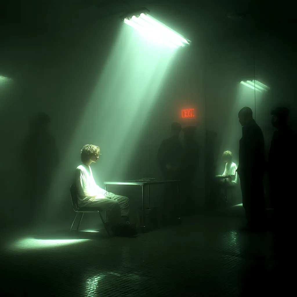 A young man with short blond hair sits alone in a dimly lit room, illuminated by a single overhead light.  He's seated at a metal table in a chair, appearing somber and isolated. Several shadowy figures stand in the background, creating a sense of interrogation or confinement.  The green-tinged atmosphere and hazy lighting enhance the mood of mystery and tension.  An exit sign is visible on the wall.