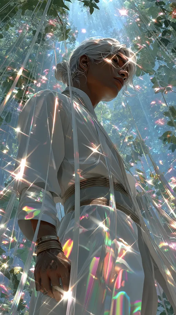 A stylized portrait of a person with long white hair, pulled back into a bun.  They are wearing a flowing, iridescent white outfit with gold accents, standing amidst shimmering, translucent strands that seem to drape from the trees above. Sunlight filters through the foliage, creating a dreamy, ethereal atmosphere. The overall impression is one of magical realism and otherworldly beauty.