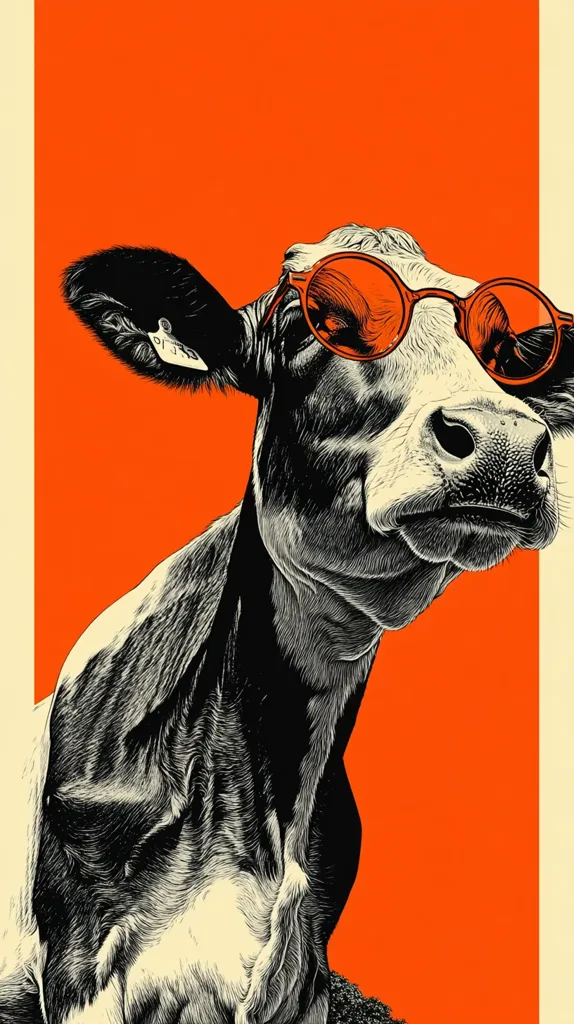 A detailed black and white illustration of a cow's head and shoulders against a vibrant orange background.  The cow sports oversized, round, orange sunglasses, giving it a cool and slightly humorous expression. The style is reminiscent of vintage printmaking or a graphic novel, with meticulous linework capturing the cow's fur texture.  The contrast between the cow's dark features and the bright background creates a striking image.