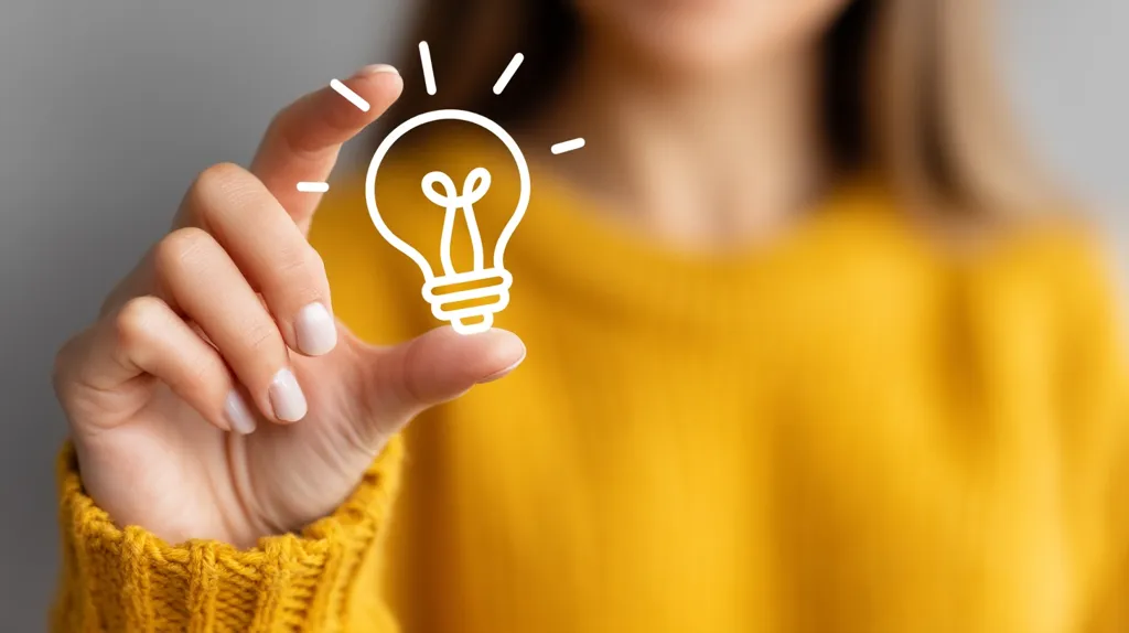 A close-up shows a woman's hand gently cradling a glowing lightbulb icon.  The image symbolizes a new idea or innovative thinking. The woman is wearing a mustard yellow sweater, her fingers delicately positioned as if holding a tangible object.  The background is softly blurred, drawing focus to the central image of the lightbulb and the hand holding it.