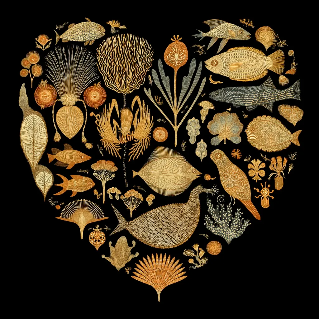An intricate heart-shaped illustration features a diverse array of stylized marine life and plants, rendered in warm gold and beige hues against a black background.  The design incorporates various fish, corals, sea plants, and other aquatic organisms, creating a detailed and visually appealing composition. The meticulous detail and organic shapes evoke a sense of natural beauty and wonder.