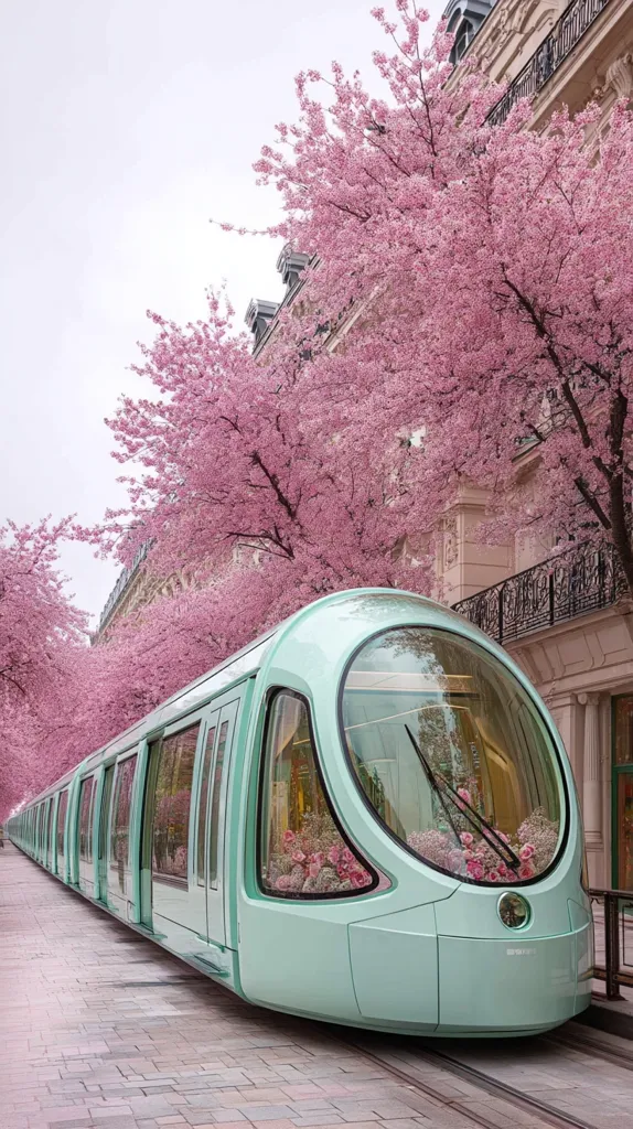 A pastel green tram, adorned with pink flowers inside its large windows, travels down a street lined with blossoming cherry trees. The scene is picturesque, with the soft pink flowers contrasting beautifully with the tram's gentle color.  The buildings in the background are elegant and add to the overall romantic atmosphere.  The overall impression is one of serenity and springtime beauty.