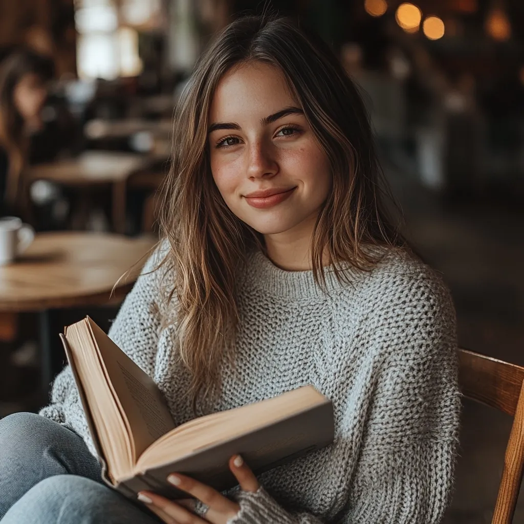 A young woman with long brown hair sits in a cozy cafe, a soft grey sweater enveloping her.  She holds an open book in her lap, a gentle smile playing on her lips. The background is blurred, suggesting a relaxed and peaceful atmosphere.  The overall image evokes feelings of warmth, comfort, and quiet contemplation.
