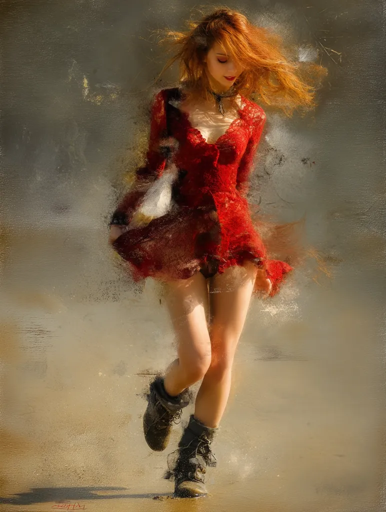 A digital painting depicts a young woman with vibrant red hair, wearing a flowing red dress and sturdy boots.  Her hair is windblown, suggesting movement. The style is impressionistic, with visible brushstrokes and a textured background, giving a dreamy, ethereal feel to the scene.  She appears to be running or dancing on a sandy beach, captured in a moment of carefree energy. The overall mood is romantic and somewhat mysterious.