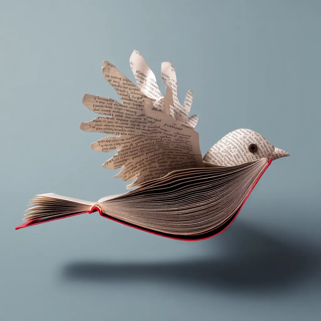 A book is artfully transformed into a bird in flight.  The pages are carefully sculpted to form wings and a body, with text visible on the wings. The red spine of the book forms the bird's tail. The image evokes a sense of freedom and the power of storytelling.  It's a creative and visually striking piece.