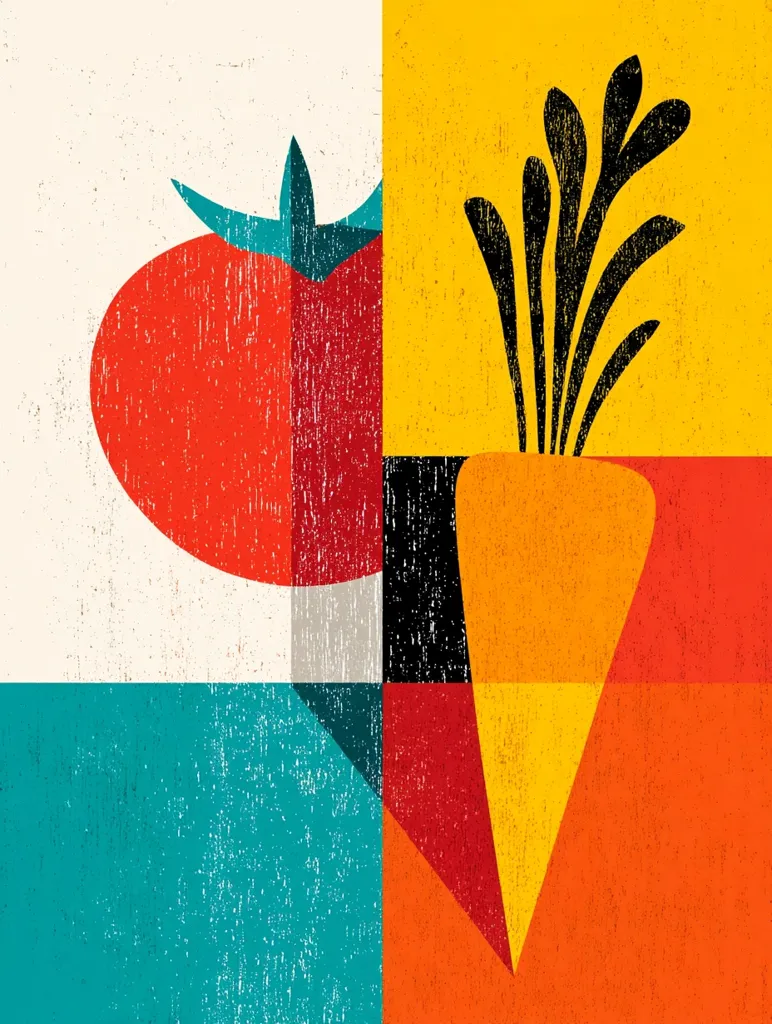 A stylized illustration featuring a tomato and a carrot, depicted in a geometric, abstract manner.  Bold colors—reds, oranges, yellows, and teal—are used against a textured, distressed background.  The composition is divided into distinct color blocks, creating a modern, almost Cubist feel. The vegetables are simplified into shapes, focusing on form and color rather than realistic detail.