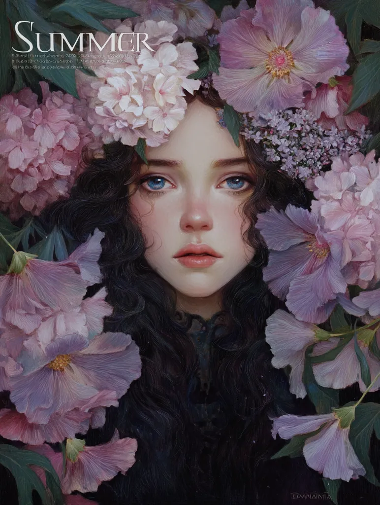 A digital painting titled “Summer” depicts a young woman with long, dark hair partially obscured by pale purple flowers.  Her eyes are a striking blue, and her expression is serene. The flowers, various types of blooms, are lush and detailed, creating a romantic and ethereal atmosphere.  The overall style is painterly and dreamy.