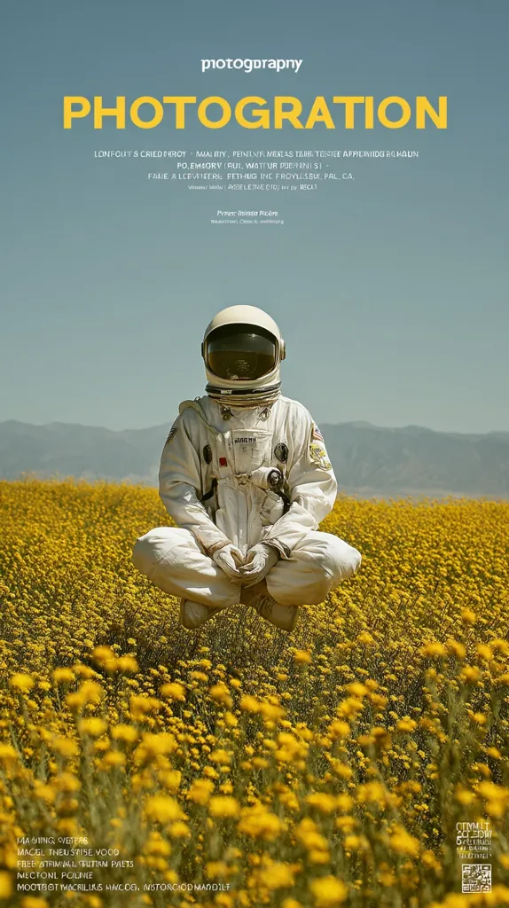 A poster for the film "Photogration" features an astronaut in a lotus position amidst a vibrant yellow flower field.  The minimalist design uses a sans-serif font for the title and credits, suggesting a contemplative and serene atmosphere.  The astronaut's posture and the bright flowers create a visually striking contrast.  The poster includes various credits and a QR code.