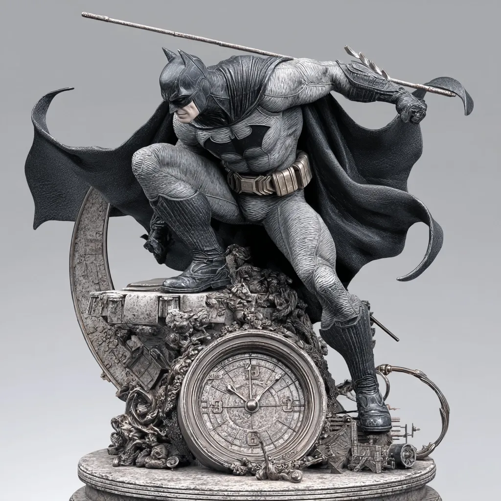 A meticulously detailed statue of Batman, rendered in grayscale, captures the Dark Knight in a dynamic pose.  He crouches atop a sculpted base incorporating a clock and intricate, decaying architecture.  A long, thin staff rests across his back, adding to the dramatic effect. The statue showcases impressive texturing, highlighting the cape's fabric and Batman's musculature.  The overall aesthetic is dark and brooding, reflecting Batman's iconic persona.