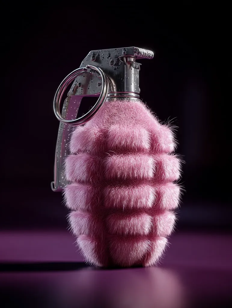 A 3D rendering of a hand grenade covered in pink fur.  The metallic pin and ring are visible, contrasting sharply with the soft texture of the fur.  The grenade is positioned on a dark purple reflective surface, creating a dramatic and slightly unsettling juxtaposition of violence and softness. Water droplets are visible on the metal parts.