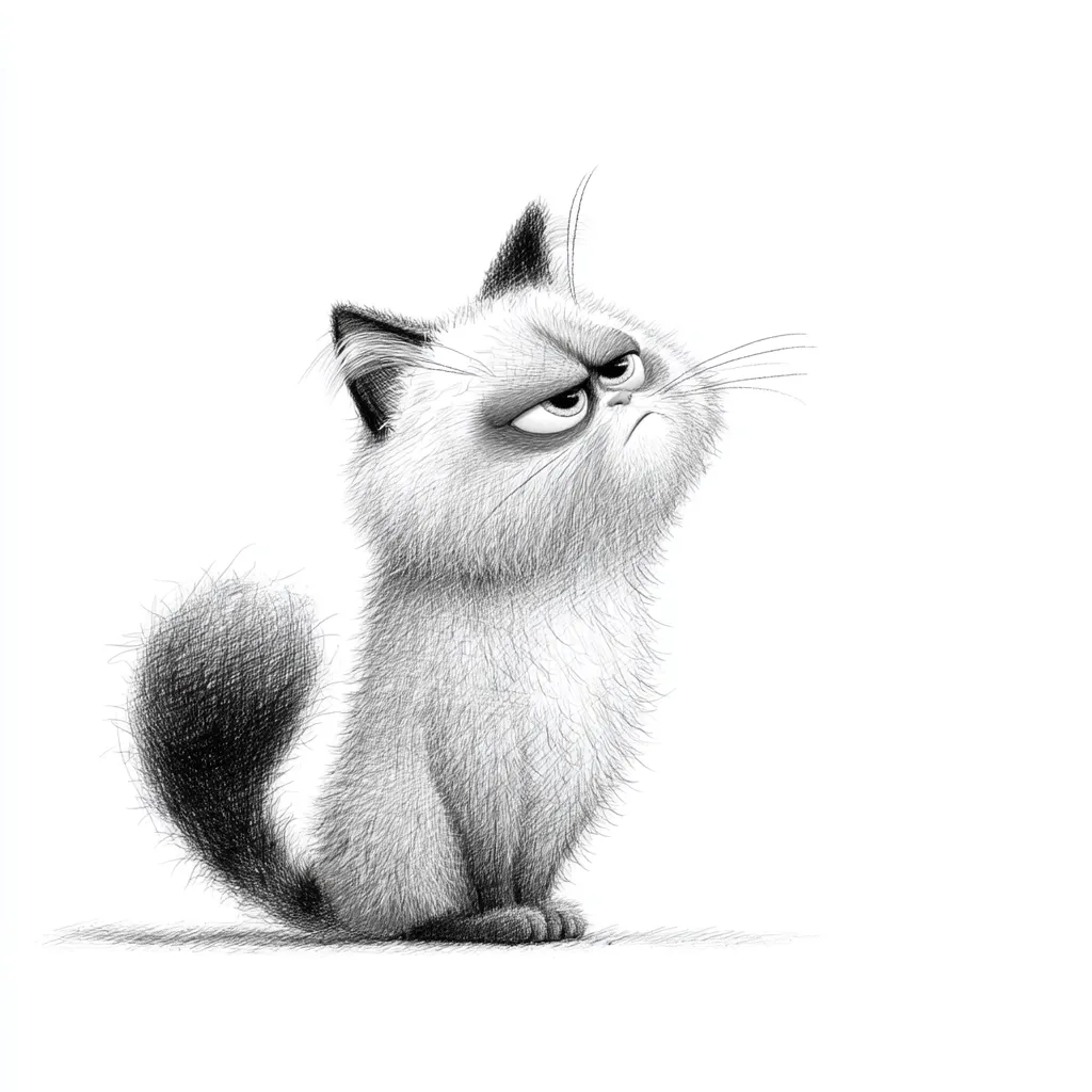 A pencil sketch depicts a grumpy-looking cat, possibly a Himalayan or Persian breed, sitting in profile view. Its expression is one of clear displeasure, its fur meticulously rendered with shading to convey texture.  The cat's fluffy tail is noticeably darker than its body. The style is cartoonish yet detailed, creating a humorous yet expressive portrait.