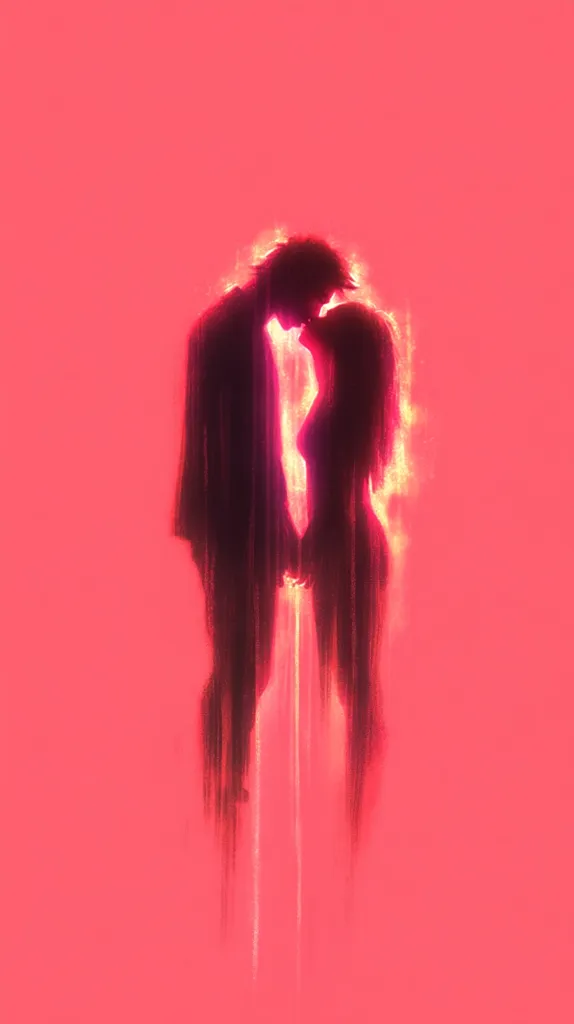 A stylized illustration depicts a couple embracing against a vibrant pink backdrop.  Their silhouettes are softly rendered, with brushstrokes creating a sense of movement and warmth. The figures are close, their heads bowed together in an intimate moment.  The overall effect is one of passionate connection and tender affection.  The pink background enhances the romantic atmosphere.
