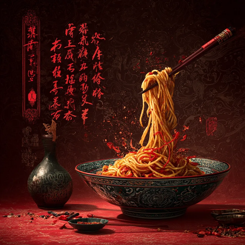 A visually stunning close-up captures a bowl of spicy noodles.  Chopsticks lift a strand of noodles, showcasing their vibrant red hue and texture against a dark, ornate background.  The bowl is intricately designed, echoing the rich, red tones of the chili peppers scattered around it.  The overall aesthetic is one of dramatic lighting and rich textures, emphasizing the appetizing nature of the dish.