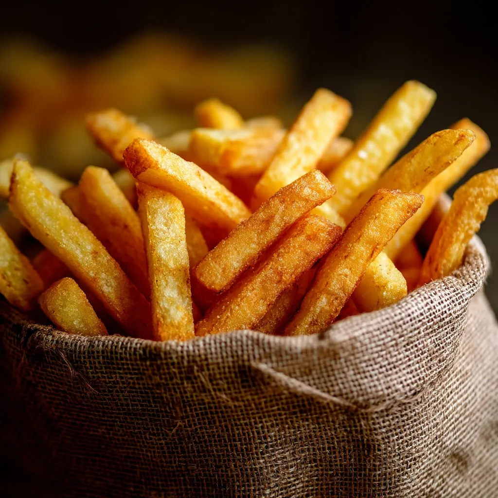 A burlap sack overflows with golden-brown, crispy French fries.  The fries are plump and appear freshly cooked, seasoned with a light dusting of spices. The dark background emphasizes the vibrant color of the potatoes, creating a visually appealing image of a classic comfort food.