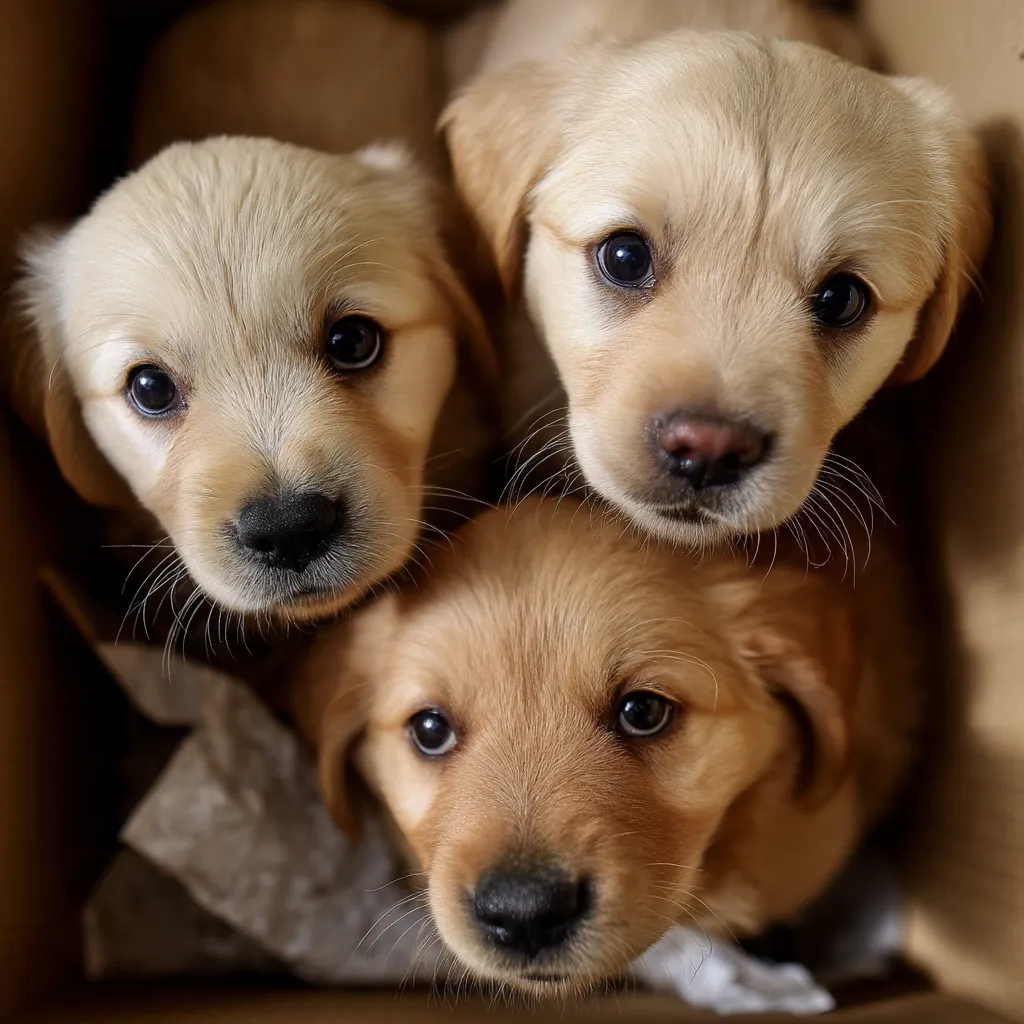 Three adorable golden retriever puppies huddle together inside a cardboard box.  Their large, expressive eyes and fluffy fur are captivating.  The puppies appear to be young, and their innocent expressions are heartwarming.  The scene is intimate and evokes feelings of warmth and tenderness.