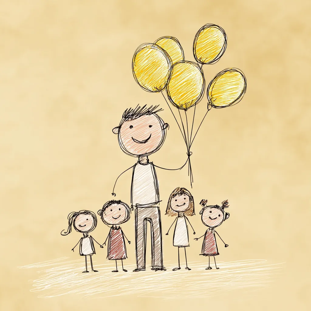 A childlike drawing depicts a happy man holding a bunch of yellow balloons, standing with four smiling children.  The simple, sketchy style suggests a carefree and joyful scene, possibly representing a teacher and his students or a father and his children. The beige background adds a vintage or nostalgic feel.