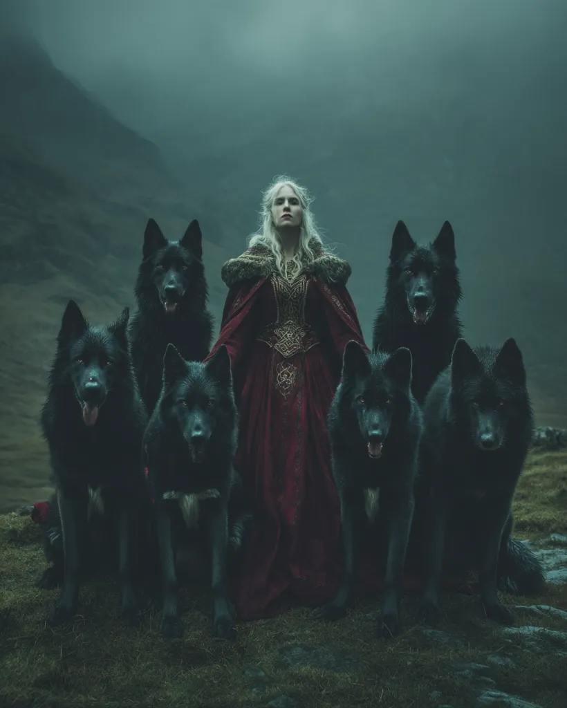 A pale woman in a dark red, ornate gown and fur-trimmed cloak stands amidst a pack of six large black wolves.  The scene is set against a moody, misty mountain landscape.  The woman's expression is serious, and the wolves appear calm and watchful. The overall atmosphere is mystical and evocative of folklore.