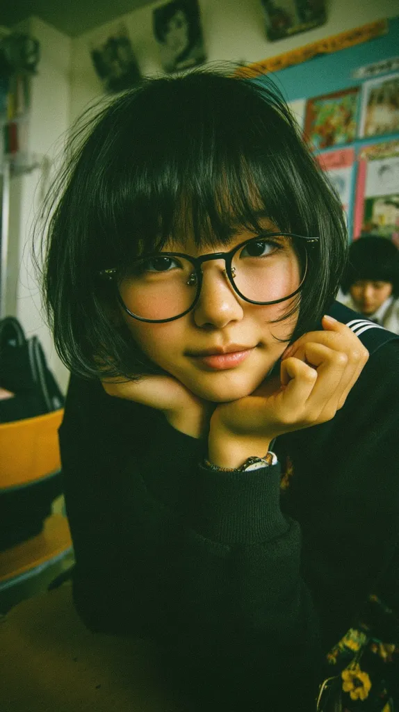 A young woman with dark, straight hair cut in a bob with bangs rests her chin on her hands. She wears dark-framed glasses and a dark turtleneck sweater. The background is blurred, showing a classroom with posters and a partially visible classmate.  The overall mood is contemplative and slightly melancholic, enhanced by the muted color palette.
