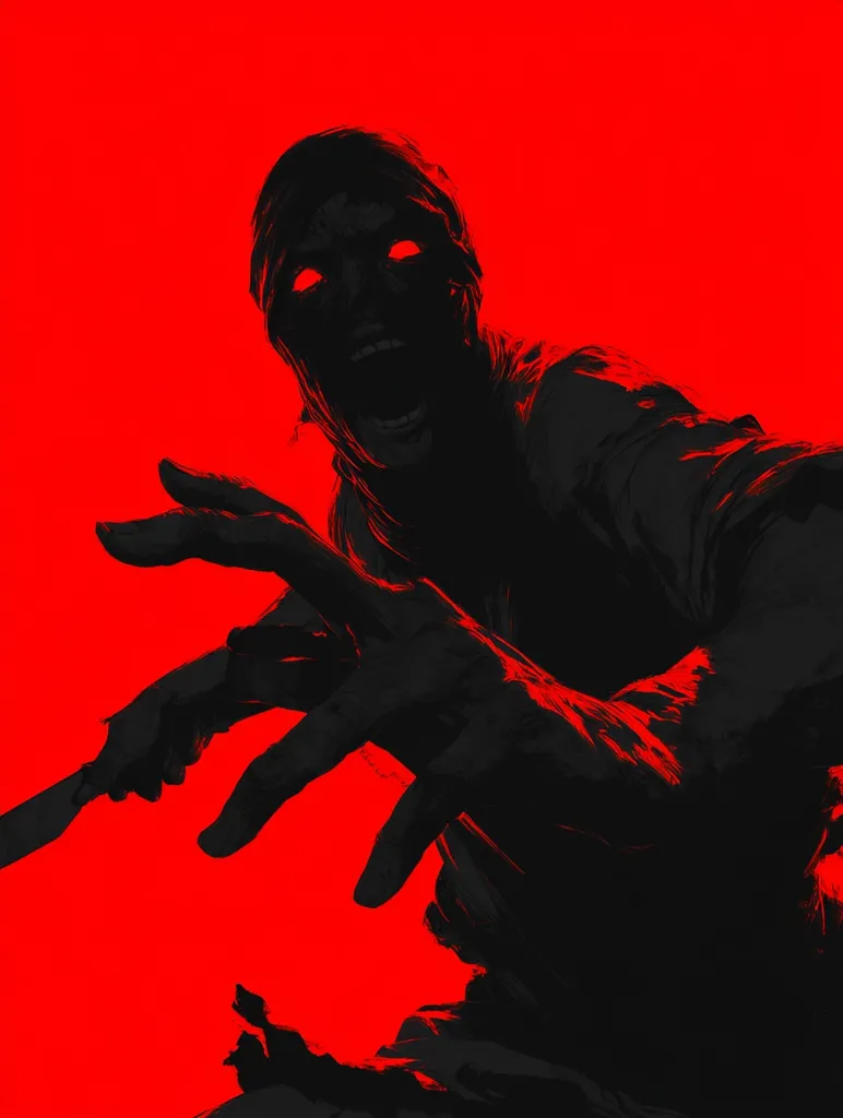 A stylized illustration depicts a shadowy figure, possibly demonic or undead, lunging forward against a vibrant red backdrop.  The figure's face is obscured by darkness, but glowing red eyes and an open mouth reveal a sinister expression.  A knife is held in one hand, the other outstretched, creating a sense of menacing aggression and imminent threat.  The overall style is dark, dramatic, and intensely visual.