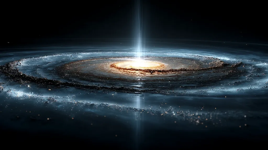 A breathtaking image depicts a spiral galaxy, its swirling arms filled with countless stars.  A brilliant, luminous core shines at the center, with a beam of light extending upwards, piercing the darkness of space.  The galaxy's intricate structure and cosmic dust create a mesmerizing spectacle of celestial beauty. The dark background emphasizes the vastness and mystery of the universe.