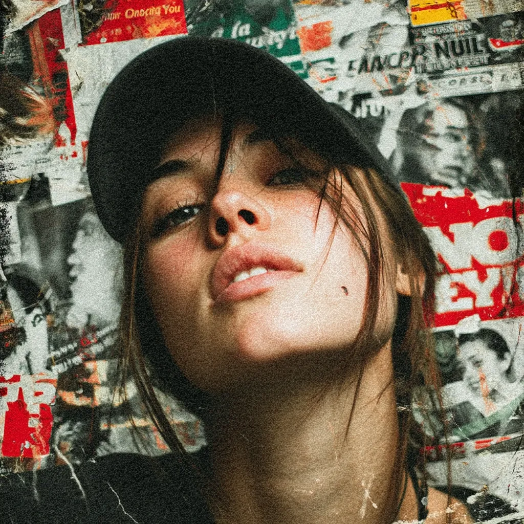 Close-up portrait of a young woman with dark hair, wearing a black baseball cap. Her face is partially obscured by her hair, and she has a slightly defiant expression. The background is a collage of vintage posters and newspaper clippings, creating a textured and gritty aesthetic.  The overall mood is edgy and urban.