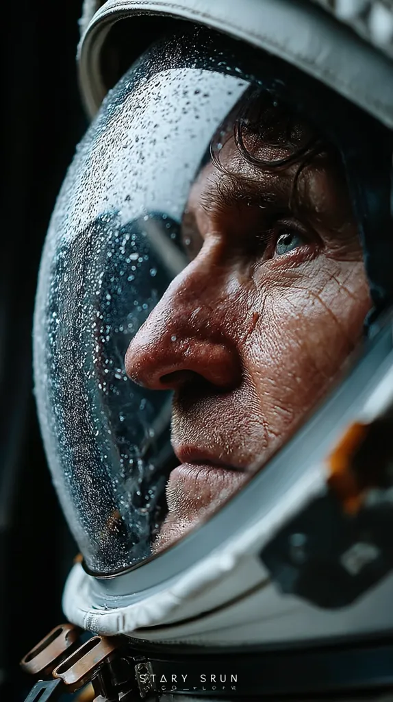 A close-up shot reveals a weathered astronaut's face partially obscured by a condensation-covered helmet visor.  The image emphasizes the texture of the astronaut's skin and the droplets clinging to the glass.  His gaze is directed off-camera, suggesting contemplation or anticipation. The dark background creates a dramatic contrast with the astronaut's light suit and the water on the helmet.  The photographer's signature is subtly visible at the bottom.
