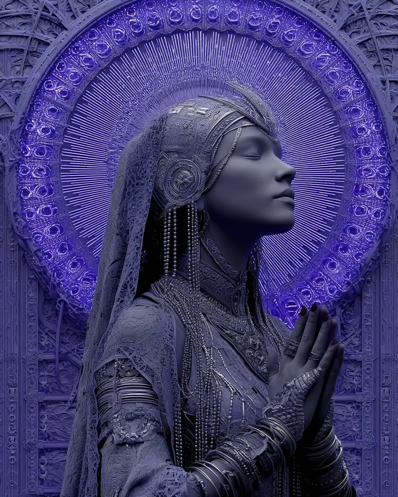 A serene, veiled woman in ornate, silver-toned attire stands before an intricately carved, glowing purple archway.  Her hands are clasped in prayer, and her head is adorned with an elaborate headdress. The image is rendered in a monochromatic palette, emphasizing the texture and detail of the clothing and architecture. The overall mood is one of reverence and spiritual contemplation.