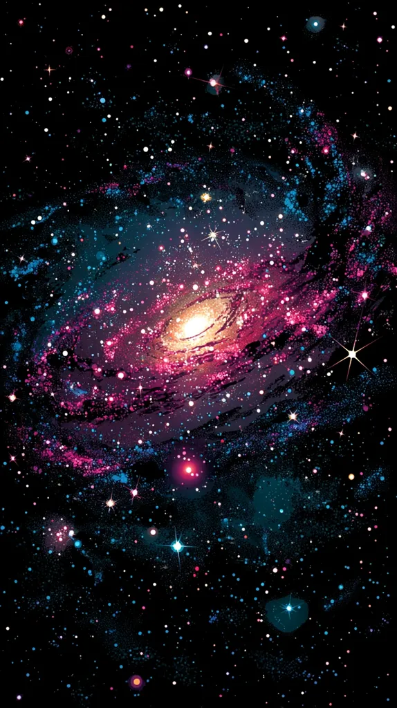 A vibrant spiral galaxy dominates the image, its core a radiant yellow-white, surrounded by swirling arms of deep pink and teal.  Numerous stars of varying sizes and brightnesses are scattered across the dark background, creating a sense of depth and vastness.  The colors are rich and saturated, suggesting a fantastical, otherworldly scene.