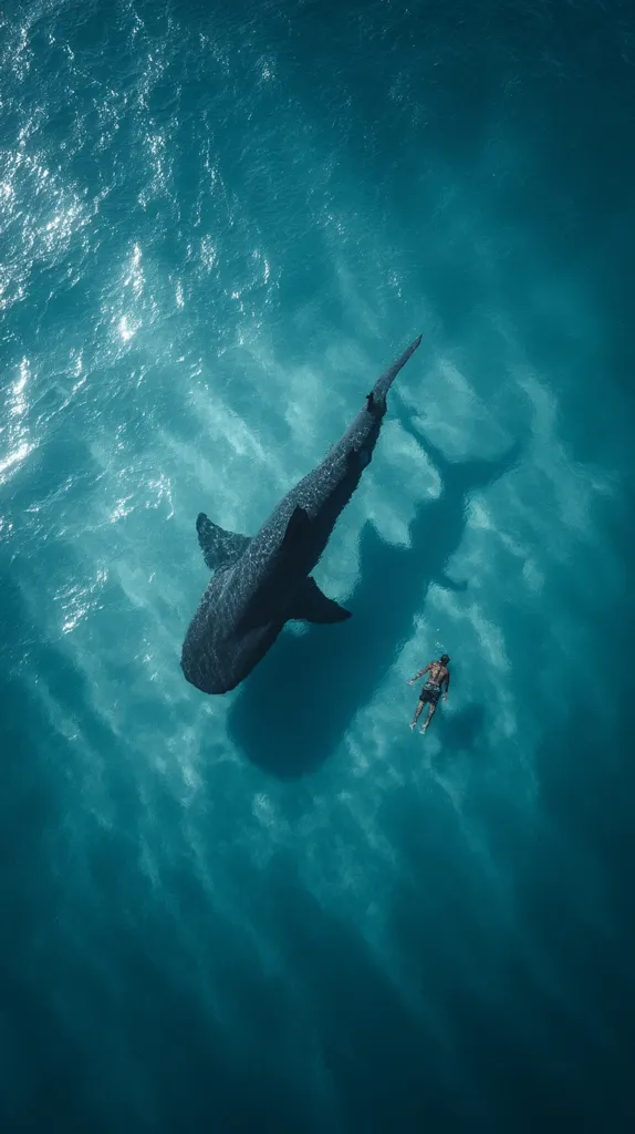 An aerial shot captures a whale shark gracefully swimming in turquoise waters.  A lone person floats peacefully below, dwarfed by the immense size of the gentle giant. The contrast between the swimmer and the shark highlights the sheer scale of the marine life. Sunlit water creates shimmering patterns across the ocean's surface, adding to the breathtaking scene's tranquil beauty.