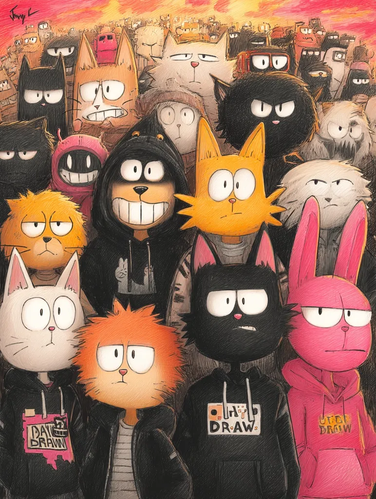 A large group of stylized cats, various colors and expressions, are depicted in a crowd-like formation.  Many wear hoodies with graphic designs.  The cats are drawn in a cartoonish style with thick outlines and textured shading.  A few rabbits are also present. The background is a hazy, reddish-orange suggesting a sunset or fire.  The overall aesthetic is urban and slightly edgy.