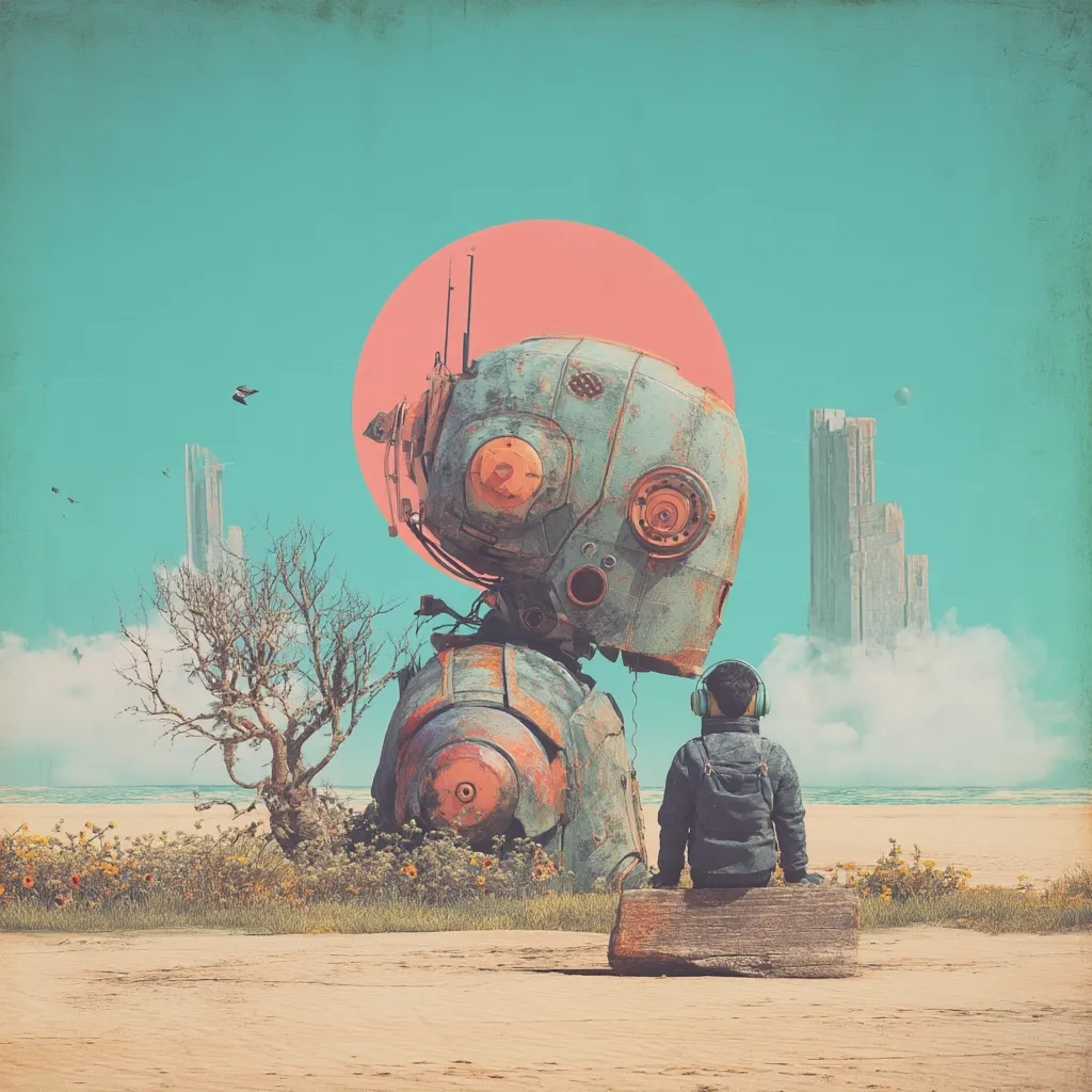 A young person wearing headphones sits on a weathered log, gazing towards a futuristic cityscape partially obscured by clouds.  Beside them stands a large, rusty robot, its weathered metal suggesting age and decay.  The scene is set on a sandy beach, with sparse vegetation and a large, pastel-colored sun dominating the sky.  The overall mood is serene yet tinged with melancholy, evoking a sense of solitude and contemplation.