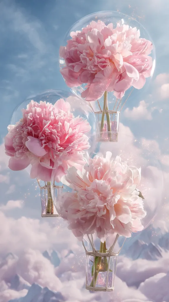 Three delicate pink peonies float in glass hot air balloons against a dreamy, pastel sky.  The scene is ethereal and whimsical, with soft clouds and a mountain range visible in the background.  The image evokes a sense of lightness, beauty, and gentle wonder.  Sparkling particles add to the magical atmosphere.