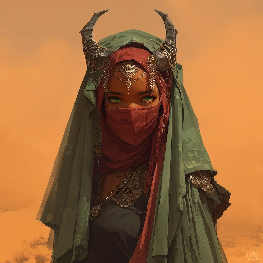 A digital painting depicts a woman with dark horns and vibrant green eyes, partially obscured by a red veil and a flowing teal robe.  Intricate silver jewelry adorns her head and neck. The background suggests a desert landscape, with muted orange tones dominating the scene. Her gaze is intense and direct, creating a captivating and mysterious image.