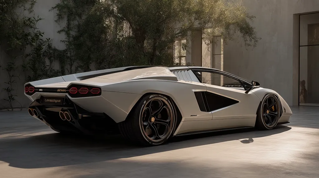A rear view of a sleek, light beige Lamborghini Countach LPI 800-4.  The car is parked in a modern, minimalist setting, partially shaded by trees.  Its distinctive angular design and large wheels are highlighted, showcasing the vehicle's luxury and performance. The image emphasizes the car's curves and lines, suggesting power and elegance.
