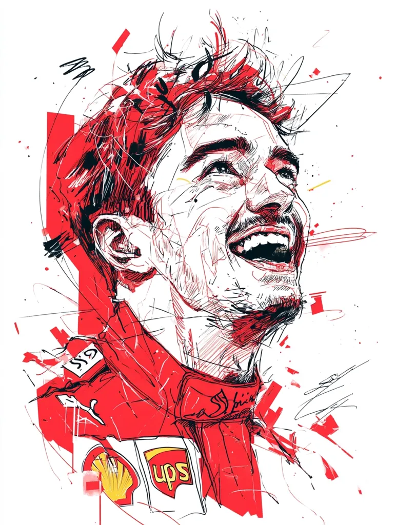 A dynamic stylized portrait of Charles Leclerc, a Formula 1 driver, is depicted in vibrant red and black ink.  His joyful expression is emphasized, captured mid-laugh with his head tilted back.  The artwork utilizes expressive lines and splashes of color, conveying a sense of speed and energy, with his Ferrari racing suit and sponsor logos partially visible. The background features abstract scribbles adding to the dynamic feel.