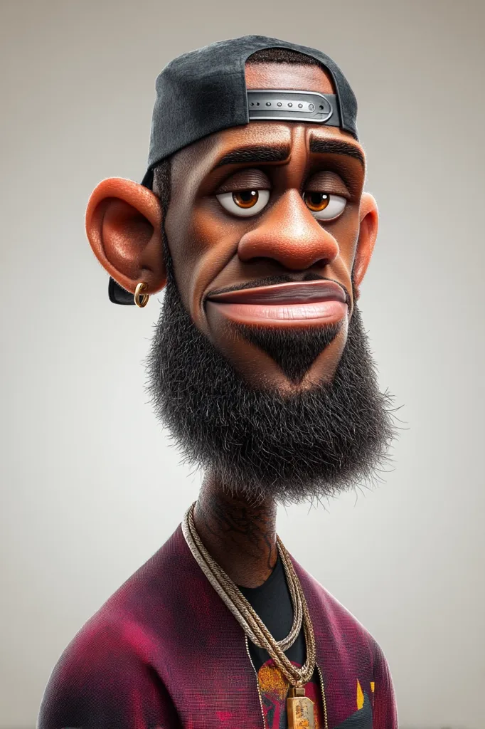 A stylized 3D rendering of LeBron James.  He's depicted in a cartoonish manner, with exaggerated features, a dark-colored baseball cap, a full beard, gold earrings, and layered gold necklaces. He wears a maroon jacket. The overall style is playful and expressive.