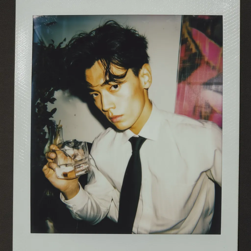 A Polaroid-style photo captures a young man with dark hair, styled with a side part, wearing a crisp white dress shirt and a dark tie.  He holds a glass containing a clear liquid, possibly a cocktail.  The background is blurred, suggesting a dimly lit indoor setting with hints of artwork on the wall.  His expression is serious and slightly intense, conveying a mood of quiet confidence. The overall aesthetic is stylish and slightly moody.