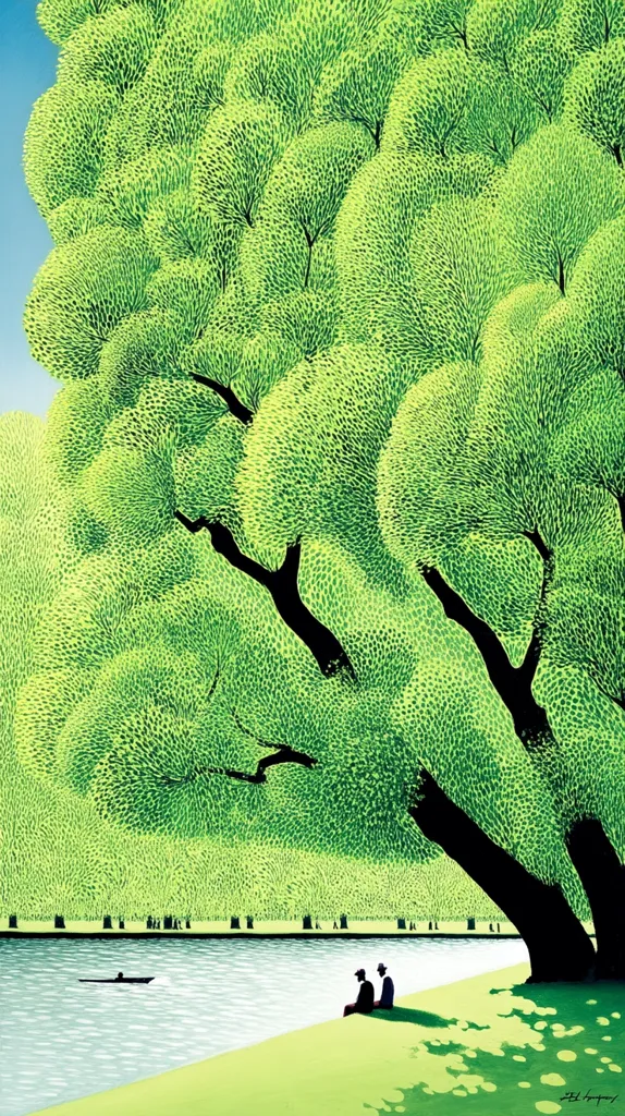 A vibrant, stylized painting depicts a serene park scene.  A large, luminous green tree dominates the foreground, its branches casting shadows on the grassy bank of a calm river. Two figures sit under the tree, enjoying the tranquil atmosphere.  In the background, a line of similar trees and small figures suggest a lively but distant park activity. A small boat gently glides across the water. The style is reminiscent of mid-century modern illustration.