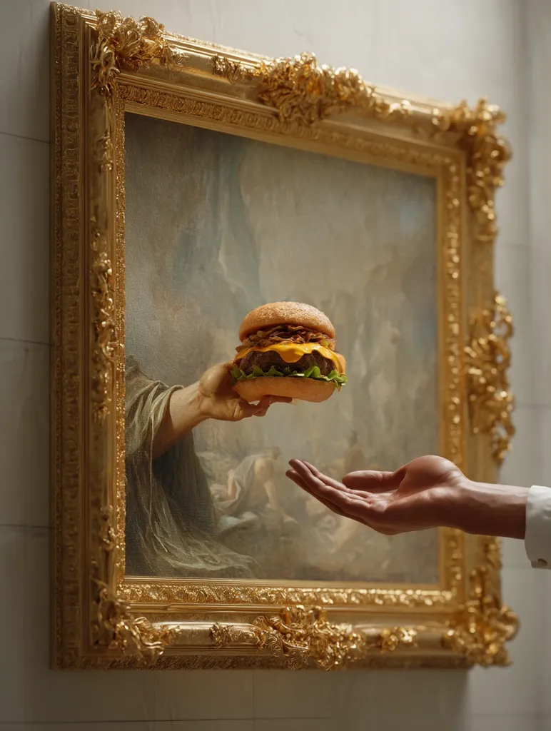 A lavishly framed painting depicts a hand offering a delicious-looking burger.  The painting, in a classical style, contrasts with the modern food. A hand reaches out from the viewer's side towards the offered burger, creating a humorous and surreal juxtaposition of art and fast food. The ornate gold frame further emphasizes the unexpected pairing.