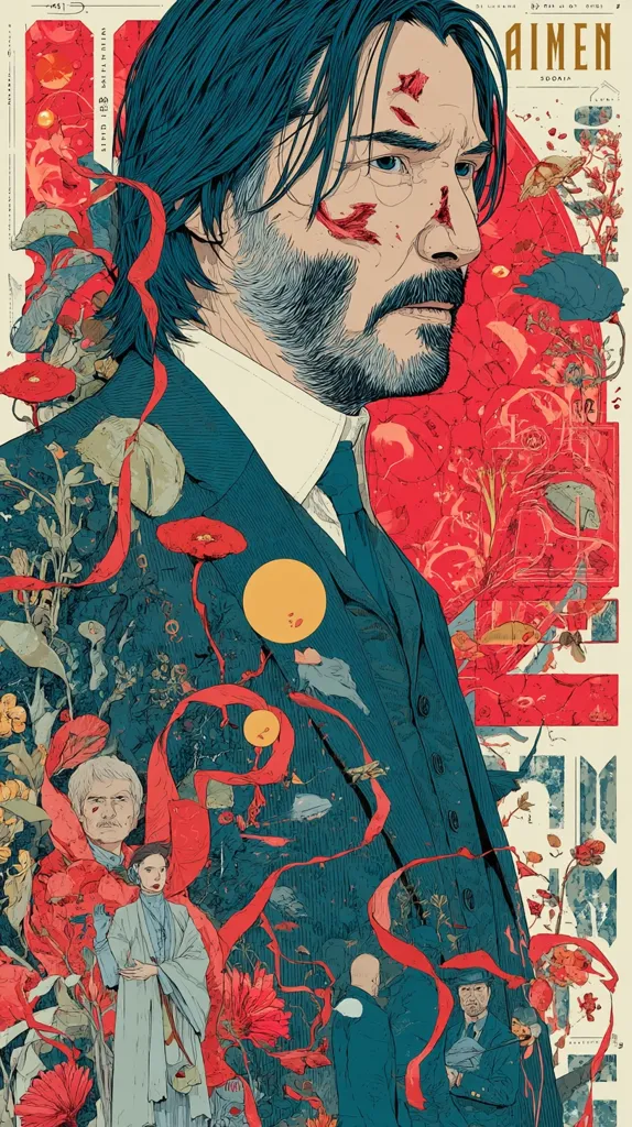 A stylized poster for "John Wick: Chapter 4" features Keanu Reeves as John Wick, his face bearing battle wounds.  The illustration blends a realistic portrayal of Wick with a surreal, floral backdrop.  Red ribbons and symbolic imagery intertwine with supporting characters, creating a visually striking and evocative piece of art.  The overall mood is one of action and mystery, hinting at the film's themes.