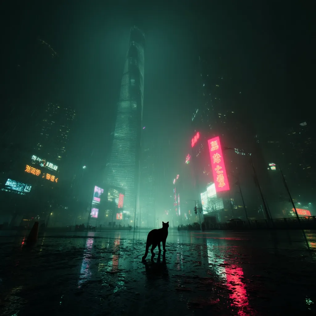 A lone black cat stands in a rain-slicked city street at night.  Tall skyscrapers loom in a misty, neon-lit cityscape, their reflections shimmering in the wet pavement.  The atmosphere is dark and atmospheric, with a blend of teal and crimson hues emanating from the buildings' signage.  The cat's silhouette is stark against the vibrant background, creating a striking contrast.