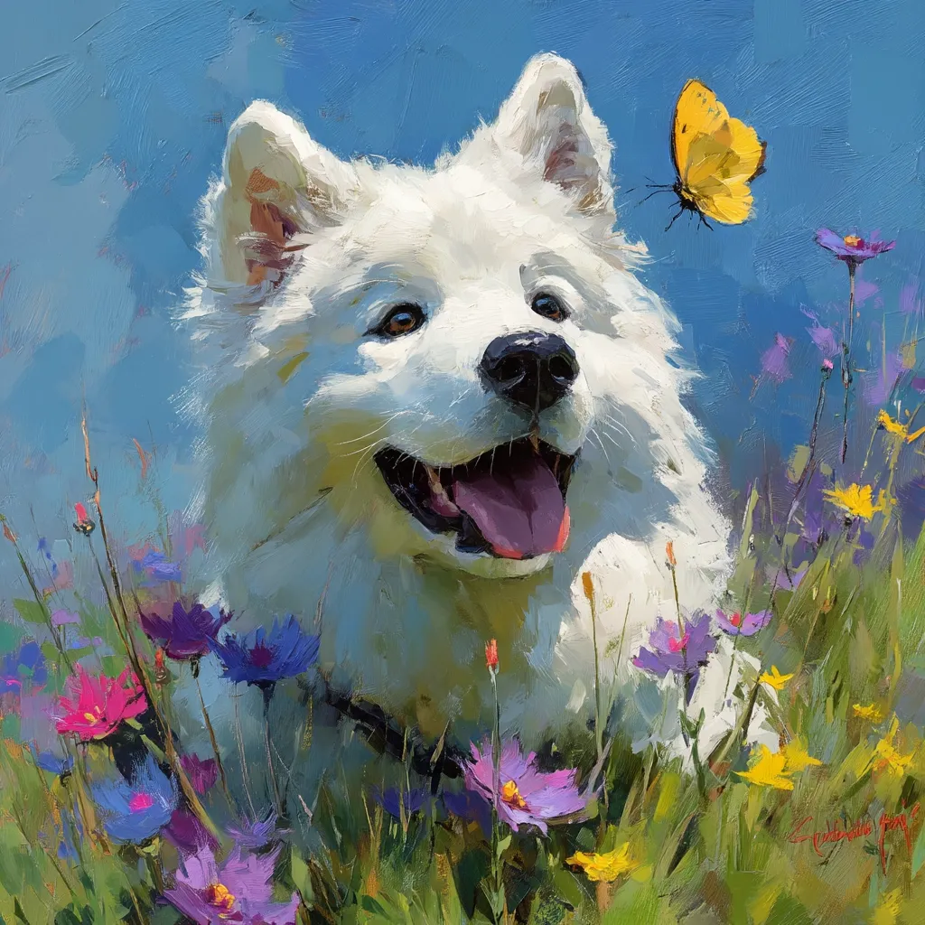 A joyful Samoyed puppy is the centerpiece of this vibrant oil painting.  Its thick, white fur contrasts beautifully with a field of colorful wildflowers.  A yellow butterfly flits nearby, adding to the whimsical, summery scene.  The artist's loose brushstrokes create a sense of movement and light, capturing the dog's happy expression and the lively atmosphere.