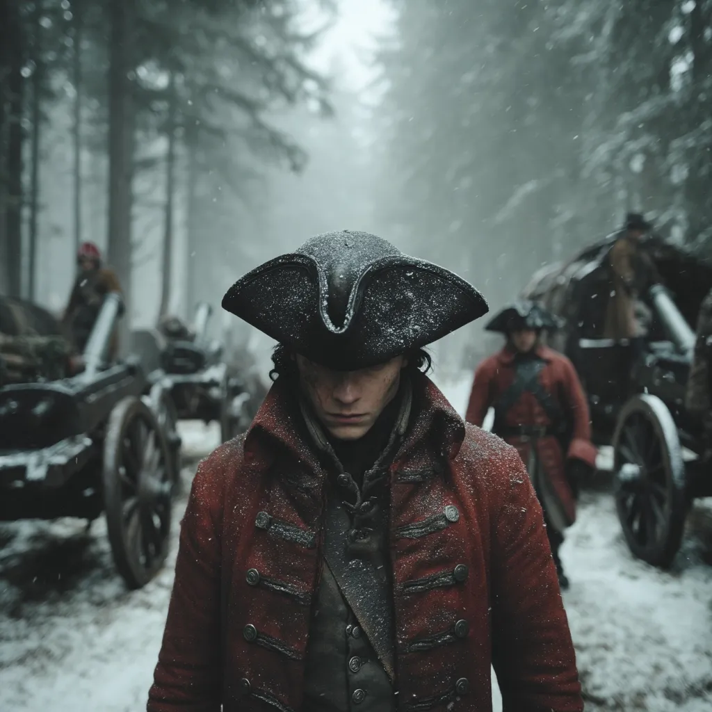 A young man in a red coat and tricorn hat stands in a snowy forest, his expression serious.  He is surrounded by the remnants of a military encampment, with cannons and soldiers visible in the background.  The scene is atmospheric and evokes a sense of historical drama, perhaps depicting a moment of reflection amidst a wartime setting. Snow falls softly, blanketing the landscape.