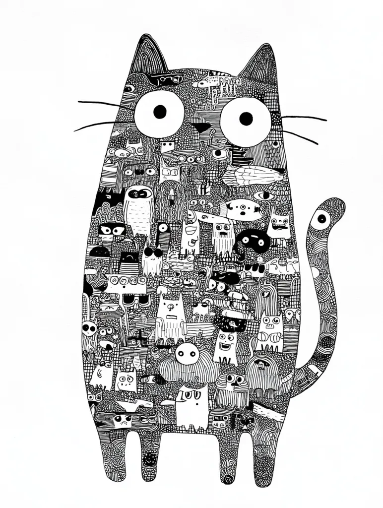 A large, stylized cat dominates the image, its body densely filled with smaller, whimsical creatures and patterns.  The cat's outline is simple, but its interior is a complex, black-and-white doodle of various animals, faces, and abstract shapes, creating a busy, detailed texture. The cat's large, expressive eyes stand out against the chaotic background.  The overall style is playful and slightly surreal.