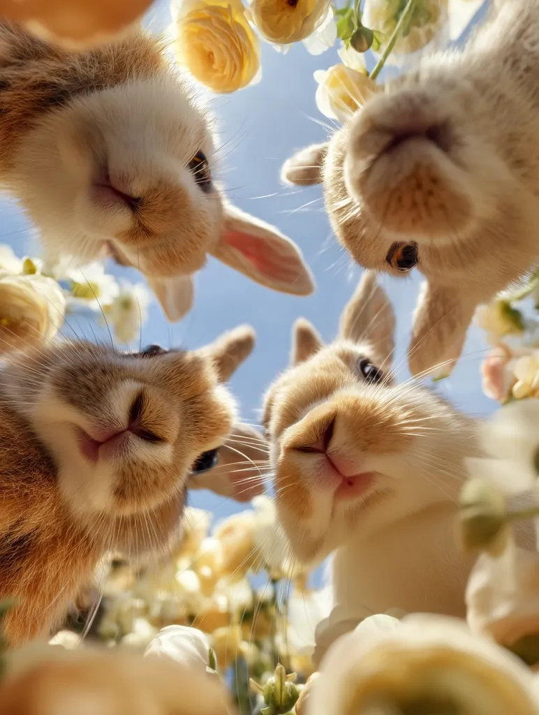Four adorable bunnies are captured in a whimsical, low-angle shot, their faces peering directly at the camera.  Surrounded by a vibrant profusion of yellow and white flowers, the bunnies' fluffy fur and expressive eyes create a charming scene. The bright sunlight and cheerful blossoms enhance the overall joyful and playful mood of the image.