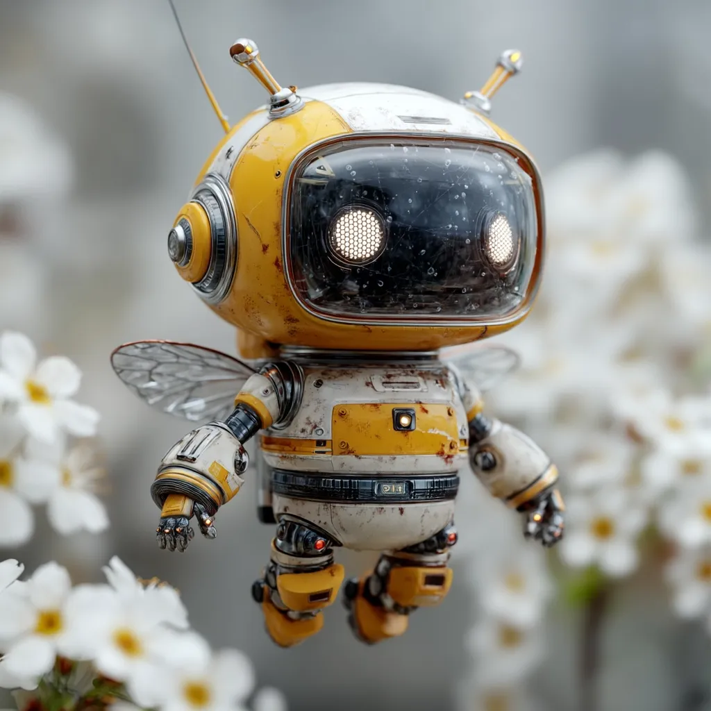 A charming, miniature robot bee floats amidst a field of white flowers.  Its body is a weathered yellow and white, with visible mechanical details and small, translucent wings.  The robot's round head features glowing eyes, adding to its endearing appearance.  The overall aesthetic suggests a blend of retro-futurism and whimsical charm.