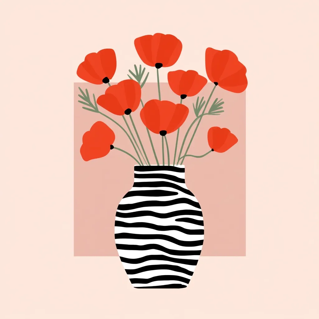 A stylized illustration depicts a bouquet of vibrant red poppies arranged in a black and white striped vase.  The vase's design is bold and graphic, contrasting with the softer hues of the flowers and the pale pink background. The overall aesthetic is minimalist and modern, creating a visually appealing and balanced composition.